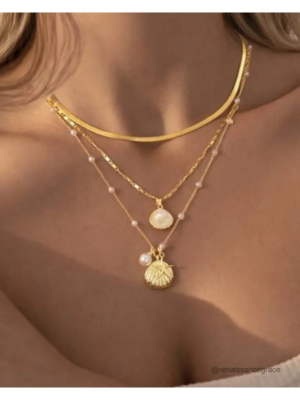 3-Piece Layered Pearl Seashell Starfish Necklace Set 14K Gold Plated